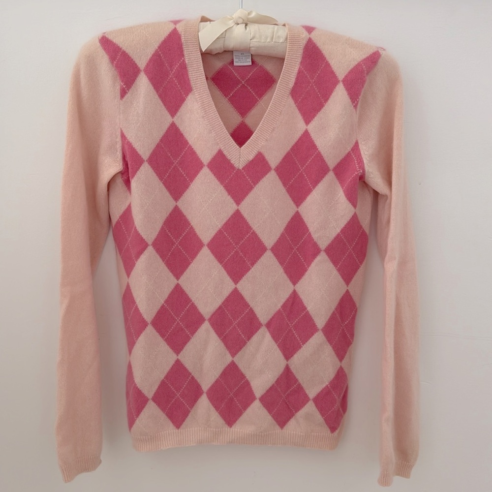 Marshall Fields, pink Argyle cashmere wool sweater
